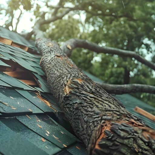 A fallen tree from a hurricane has damaged the roof of a house during a storm. Concept Natural Disaster, Home Damage, Fallen Tree, Hurricane Impact, Roof Repair